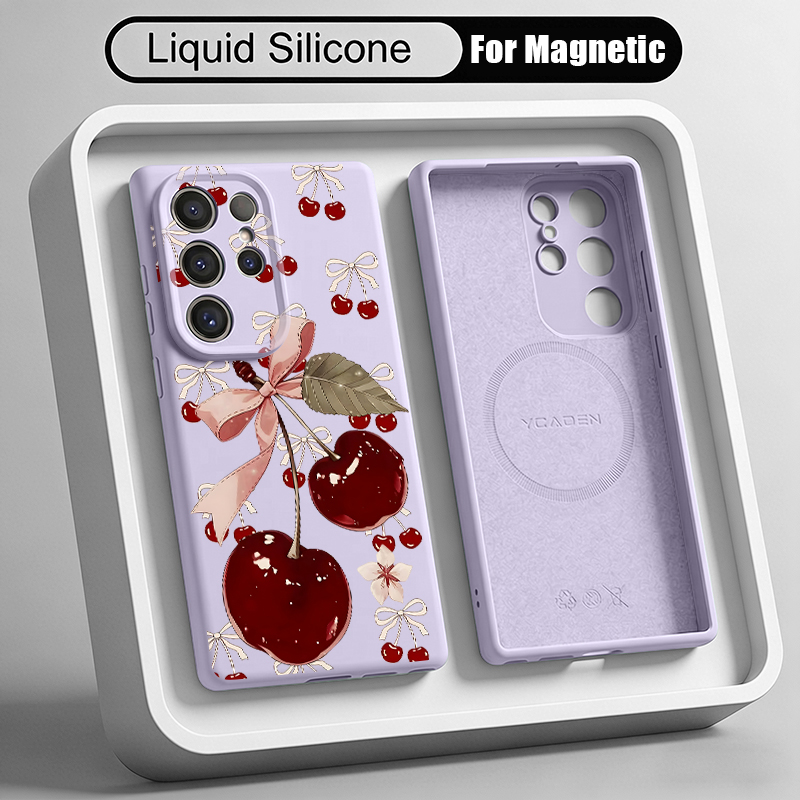 Liquid Silicone Magnetic Phone Case - Kiraz Desenli Sıvı Silikon Telefon Kılıfı